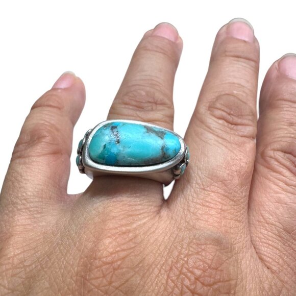 Vintage Barse 925 Sterling Silver Turquoise Ring Size 8 With Floral Side Detail - Picture 1 of 11